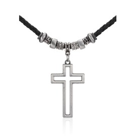 BOPREINA Cross Necklace for Men Leather Cord Mens Hollow Cross Pendant Necklaces Adjustable Leather Rope Cord Mens Cross Chain Necklaces
