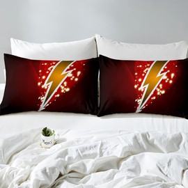 Castle Fairy Flash Fitted Sheet Set Full Size 4 Pcs, Lightning Strike Natural Warning, Bedding Sets (1 Fitted, 1 Flat, 2 Pillowcases) Luxury Deep Pocket Bed Sheets, Red Yellow