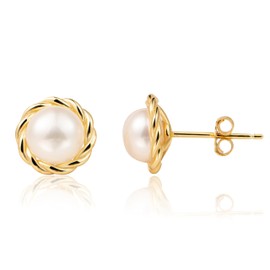 MAPLEDAIRY Genuine Lustrous Pearl Earring Studs 18k gold plated Sterling Silver Post, Real Freshwater Pearls (Yellow Gold)