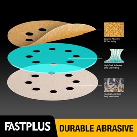 5 Inch 8 Hole Sanding Discs 50 Pack Gold Hook and Loop Sanding Disc 80/120/150/180/220 Grit Ceramic Sanding Disc, Dustless and Durable Random Orbital Sandpaper for Automotive and Woodworking