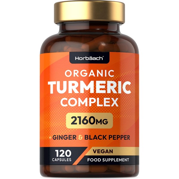 Organic Turmeric and Black Pepper Capsules | 2160mg | High Strength Curcumin with Ginger | 120 Vegan Capsules | by Horbaach