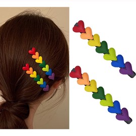 Rainbow Color Heart Hair Clip 3 inch Color Assorted Cute Heart Women Girls Iridescent Hair Clip, 1 Pair