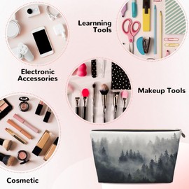 HAKOQI Portable Makeup Bag Zipper Pouch Travel Make up Organizer Bag Toiletry bag Water-resistant Aesthetic PVC Leather Cosmetic Bags for Women and Girls with Misty Forest