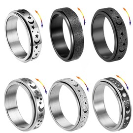 LOCCY Anxiety Ring for Women Men, 6 Pcs Stainless Steel Spinner Rings Star and Moon Spinner Rings Mens Spinner Ring for Anxiety Wedding Band Rings Engagement Promise Rings Black/Silver (T 1/2)