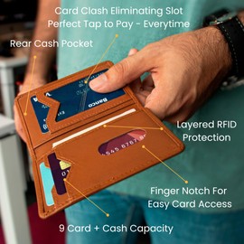 WIFOLD High-Performance Leather Wallet - Contactless and Biometrics Payments - 9 Card Bifold - Layered RFID Protection - Minimalistic Credit Card Holder, Brown, Leather Wallet