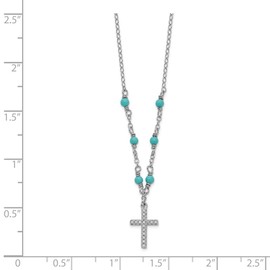 Solid 925 Sterling Silver CZ Cubic Zirconia Cross and Synthetic Turquoise 2in Extension Necklace