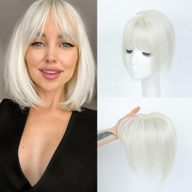 JANATOUCH Hair Toppers For Women Real Human Hair Short Length 10 Inches Topper For Slightly Loss And Covering Gray 7 * 11 French Style Bangs Platinum Blonde Color For Adding Volume