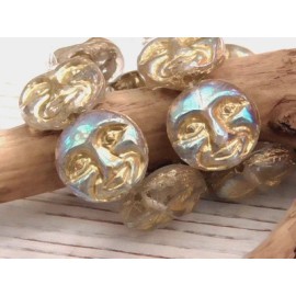 Czech 8 - 14mm CZECH CLEAR HALF AB GOLD WASH MOON FACE, MAN IN THE MOON GLASS BEADS