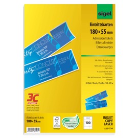 SIGEL LP714 Printable Admission Tickets with stub, 18 x 5,5 cm, 225 gsm, 100 Pieces equal to 20 sheets