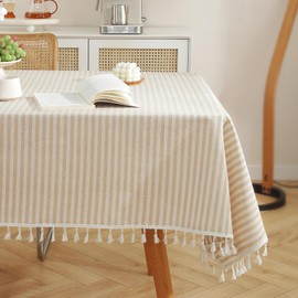 meioro Table Cloth Beige White Striped Tablecloth Tassels Cotton Linen Dust-Proof Table Cover for Dining Coffee Buffet Kitchen Picnic Tables, Parties Holiday Tablecloths (55x70 Inch)