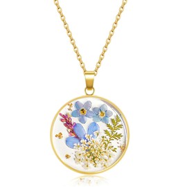 Delphinium Pressed Wildflower Necklace, July Birth Flower Necklace for Women, Handmade Unique Design Pendant Necklace, Symbols of Love, Faithless and Respect, Ideal Present For Birthday Party -18''