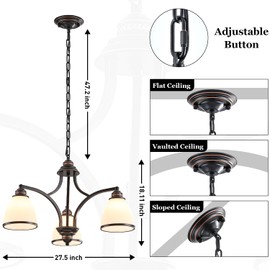 3 Light Classic Rustic Chandelier for Farmhouse with Milk White Frosted Glass Shades Black Dining Room Light Adjustable Height Ceiling Hanging Light Fixtures for Dinner Table, Kitchen Island, Entryway