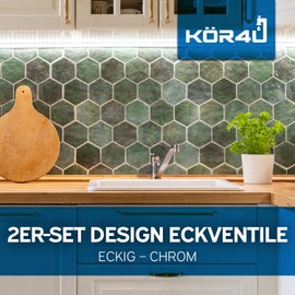 kör4u Set of 2 design angle valves, 1/2 x 3/8 inch, square water shut-off valve, chrome, quick release, for bathroom and kitchen, including rosette