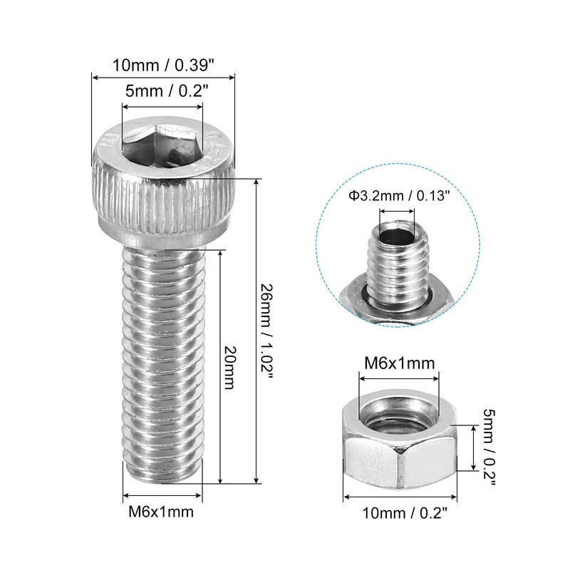 PATIKIL 2 Sets M6x20mm Hex Socket Screw Cylindrical Hollow Bolt