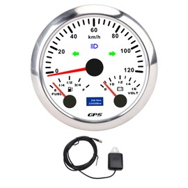 Luocute 85mm 3-3/8in GPS Speedometer Odometer, Voltmeter Fuel Gauge, 7 Color Backlight and Turn Signal, Suitable for RV Yacht Truck (White Dial Silver Bezel CX8304)