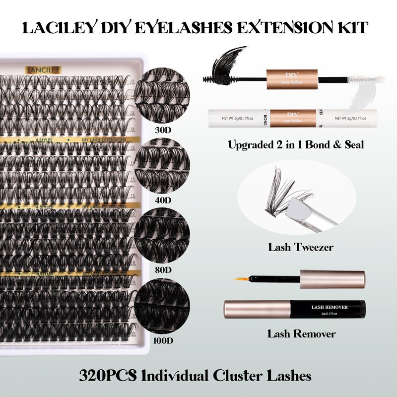 Lash Clusters 320PCS 12-20MM 30D+40D+80D+100D DIY Eyelash Extensions Kit Fluffy