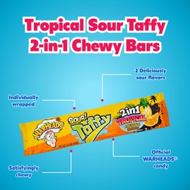WARHEADS Tropical Sour Taffy 2-in-1 Chewy Bars - Tropical Candy Variety Pack - Assorted Flavors, Individually Wrapped Chewy Bars - Bulk Candy Taffy - Gluten Free Candy - Box of 24