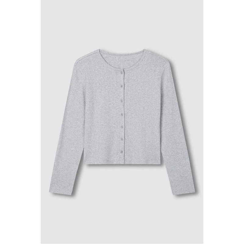 JAJU [JAJU] Her Pointelle Long Sleeve Lounge Cardigan_Melange Grey