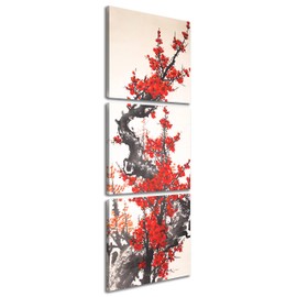 NAN Wind 3 Panels Modern Giclee Canvas Prints Small Size Traditional Chinese Painting of Plum Blossom Canvas Prints Wood Framed Red Plum Blossom Wall Art Plum Flowers Print Painting