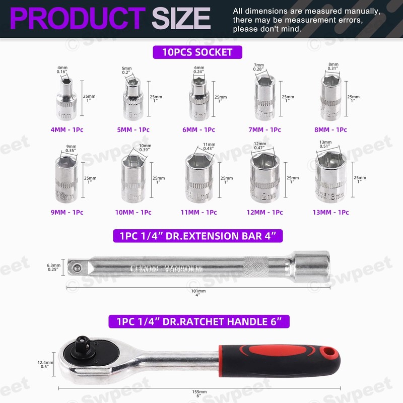 Swpeet 12Pcs 1/4 Inch Ratchet Socket Wrench Set, Drive Socket