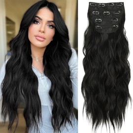 Hair Extensions Clip in 4PCS Clip in Hair Extension Thick Clip in Hairpieces Long Wavy Natural Synthetic Clip in Hair Extensions for Women (Black, 20inch)