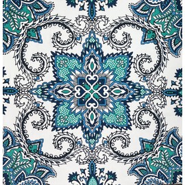 Serafina Home Boho Shower Curtain, Navy Teal White Mandala Floral Design, Fabric, 72 x 72 inches, Stain-Resistant, Paisley Pattern, with Hooks