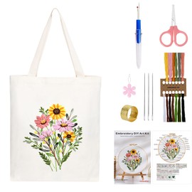 Embroidery Set Adult Beginners with Floral Pattern Canvas Bag Embroidery Set, Cross Stitch Embroidery Tote Bag, Bags Embroidery Set for Beginners Adults, Embroidery Set Including Instructions,