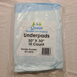 Secure Personal Care Underpads 30x30" Disposable 10-Count (SP113010)