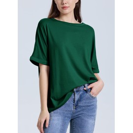KEEDONE Women's Oversized T Shirts Short Sleeve Crewneck Loose Summer Tee Tops Basic Business Casual Blouse Shirts Comfy Boyfriend Workout Shirts 2024 Spring Clothes Dark Green-XL