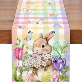 Easter Lattice Rabbit Table Runner Colorful Butterfly Flower Spring Table Runners for Indoor Outdoor Party , Kitchen , Dinning Table Decoration in 13x72 Inch