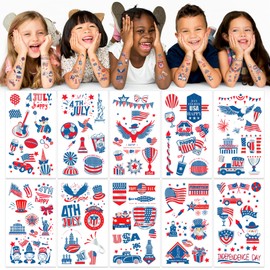 Leesgel 4th of July Temporary Tattoos, Metallic Silver Patriotic Red-White-Blue Tattoo, Waterproof Safe & Non-Toxic Party Supplies for 4th of July Accessories & Decorations – 10 Sheets