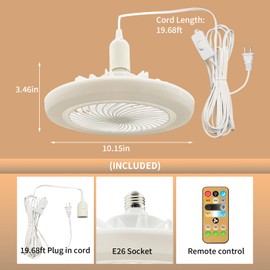 HOXIYA Plug in Ceiling Fan With Light with 19.68ft Long Plug Cord and Remote Control 30w E26 Gazebo Fan 110v Small Screw in Ceiling Fan Light for Kid Room Bedroom Bathroom Garage Kitchen Pendant Light