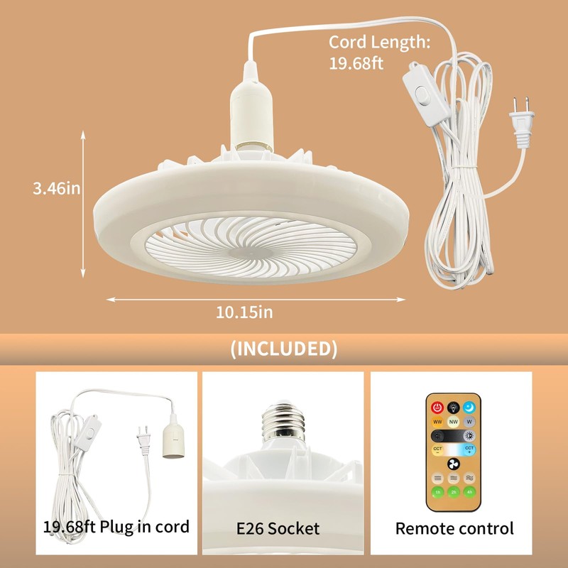 HOXIYA Plug in Ceiling Fan With Light with 19.68ft Long