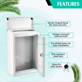 Amylove Metal Donation Box with 2 Keys Lockable MailBox Wall Mounted Suggestion Box Safe Ballot Box with Slot for Office Charity Cards Money Voting Collection, 8.3'' L x 11.8'' H x 2.8'' W(White)