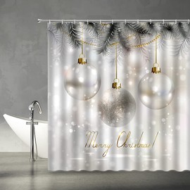 YSATNSFT Merry Christmas Shower Curtain Silver Xmas Ball Pine Leaves Happy New Year Dream Winter Season Festvral Theme Fabric Bathroom Decor Set Include Hooks,(70" WX70 H)