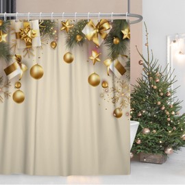 Uiiooazy Christmas Shower Curtain for Bathroom 72x72inches Gold Pearls Snowflakes X-mas New Year Decor Shower Curtain Set with Hooks Green Leaves Waterproof Fabric Shower Curtain