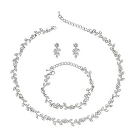 BriLove Wedding Jewelry Set for Women Bride, Gorgeous Stunning Crystal Flower Leaf Cluster Choker Necklace Link Bracelet Stud Earrings Set for Bridal Bridesmaid Clear Silver-Tone