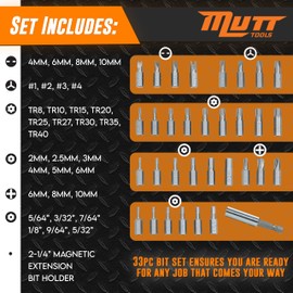 Mutt Tools 33pc Security Bit Set - Complete Torx Security Screwdriver Set with Tamper Proof Bits - Star Bits, Hex, Spanner, Tri-Wing & Torq - Professional Security Torx Bit Set