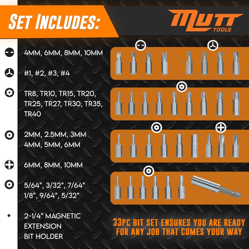 Mutt Tools 33pc Security Bit Set - Complete Torx Security