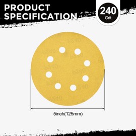 Kozelo 30 Pcs Sanding Disc 5 Inch 240 Grit 8 Hole Hook and Loop Random Orbital Sandpapers Suitable for Drywall Sander Wood Metal Furniture, Yellow