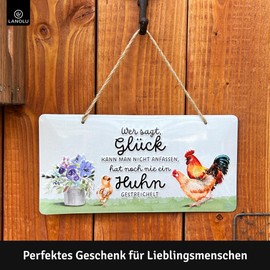 LANOLU Retro Tin Sign Chicken Coop Who Says Happiness, Chicken Accessories, Funny Signs with Sayings, Vintage Metal Signs Chicken Decoration for the Chicken Coop, Garden Sign, Chicken Decoration, 16 x
