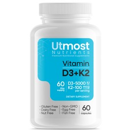 Utmost Nutrients D3(5000IU) & K2(100 MCG) in 1 Capsule for Maximum Bioavailability - Cardiovascular, Immune and Bone Support - 60 Capsules