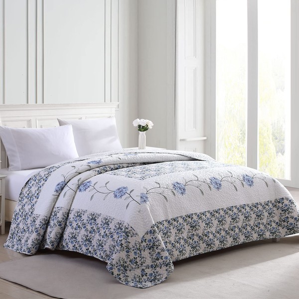 Beatrice Home Fashions Carnation Floral Embroidered Quilted Bedspread, Lightweight, All-Seasons, King, Blue