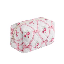 RSRSLEII Small Quilted Cotton Makeup Bag, Aesthetic Cosmetic Bag, Cute Floral Makeup Pouch, Kawaii Trendy Preppy Travel Toiletry Bag for Women and Girls (05 Pink Flower Bow)