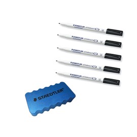 Staedtler 301-9 Lumocolor Whiteboard Pen M Tip Approx. 1.0 mm (Pack of 5 Board Markers + Eraser)