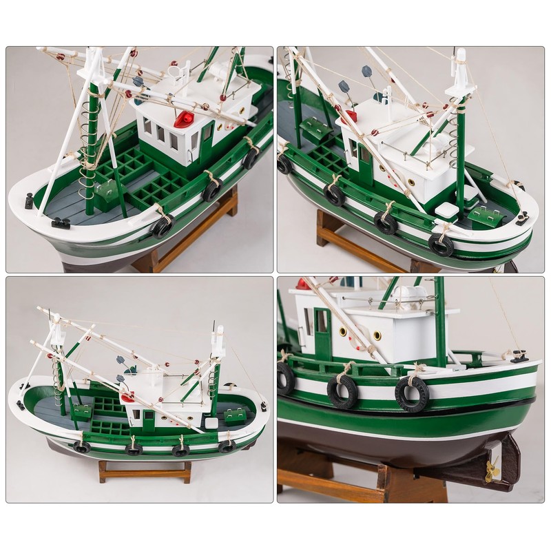 SAILINGSTORY Wooden Fishing Boat Model Ship Model Decor Green