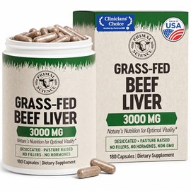 Grass Fed Beef Liver Capsules 3000mg Desiccated Liver Supplement 100% Pasture Raised & Freeze Dried Natural Iron, Vitamin A & B12 for Energy Non-GMO, No Fillers 180 Count