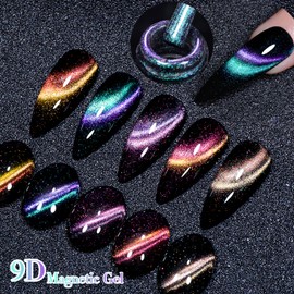 MEET ACROSS Magnetic Cat Eye Gel Nail Polish Set, 6 Colors Magnetic Chameleon Gel Polish Black Gel with Magnet Stick, Long-Wearing Galaxy Starry Sky Effect for Manicure Art Gift