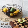WILDMOS Fruit Basket,black Wire Basket with Acacia Wood Base,large Fruit