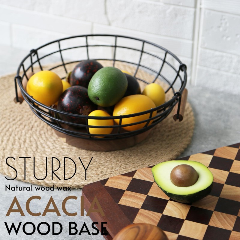 WILDMOS Fruit Basket,black Wire Basket with Acacia Wood Base,large Fruit